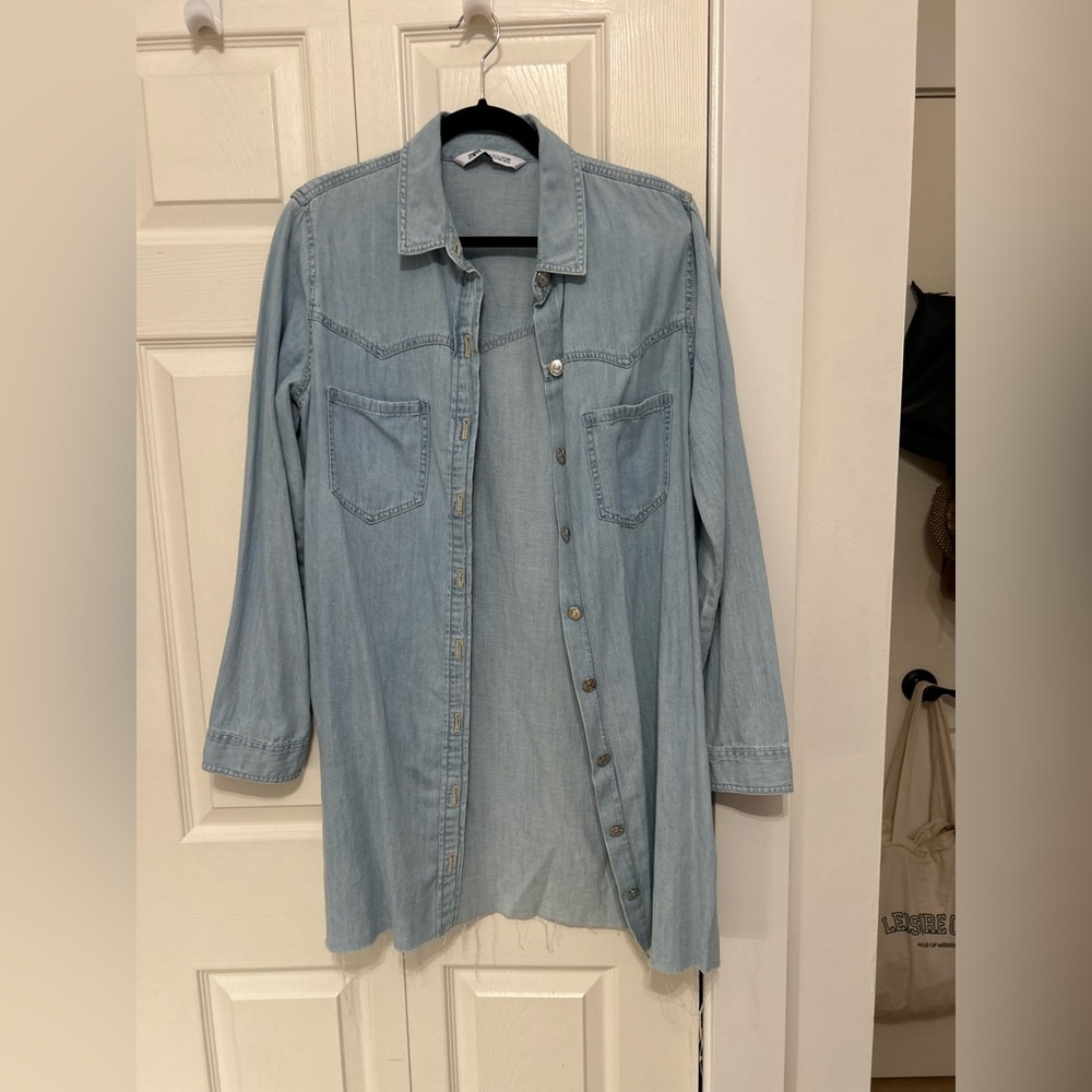 Zara Long Light Blue Denim Overshirt/Button-up